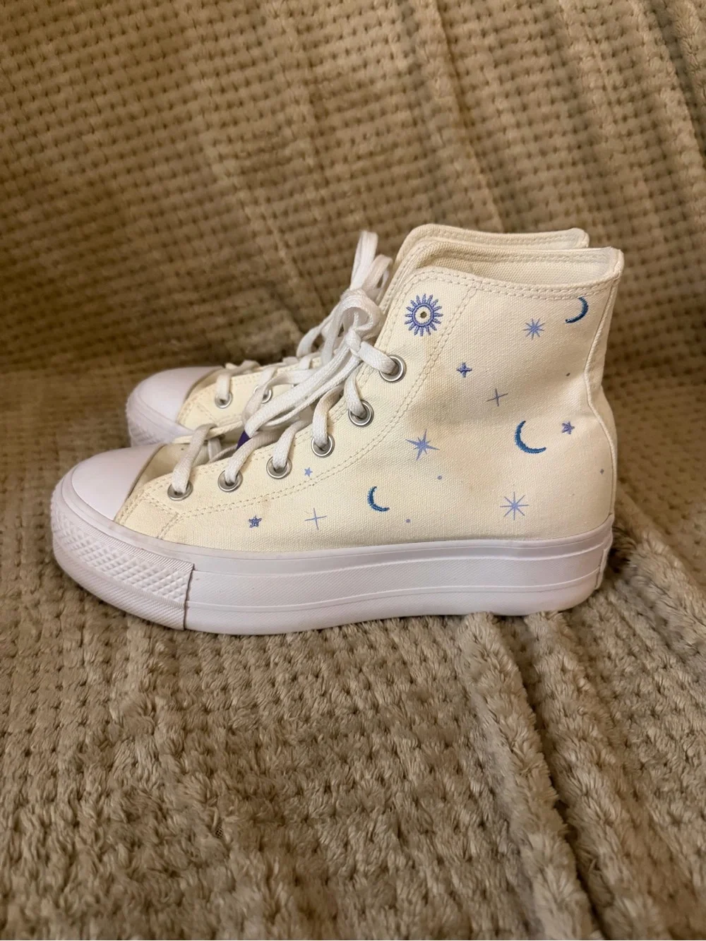 Converse High-Top Canvas Sneakers in Cream with Blue Star & Moon Print